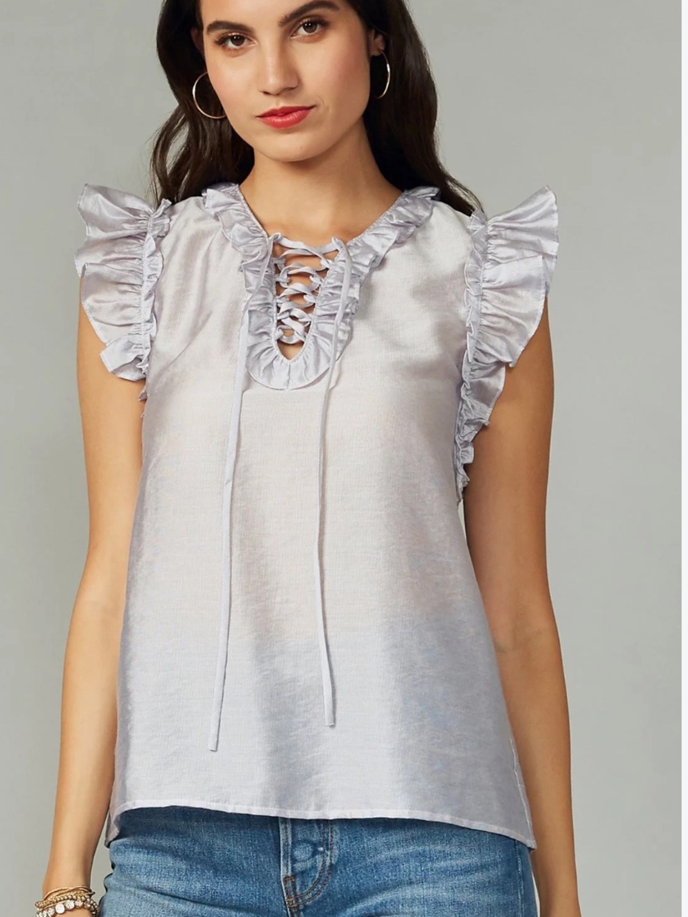 EUC Greylin Kensie ruffle tank romantic laceup the neckline blue & white striped